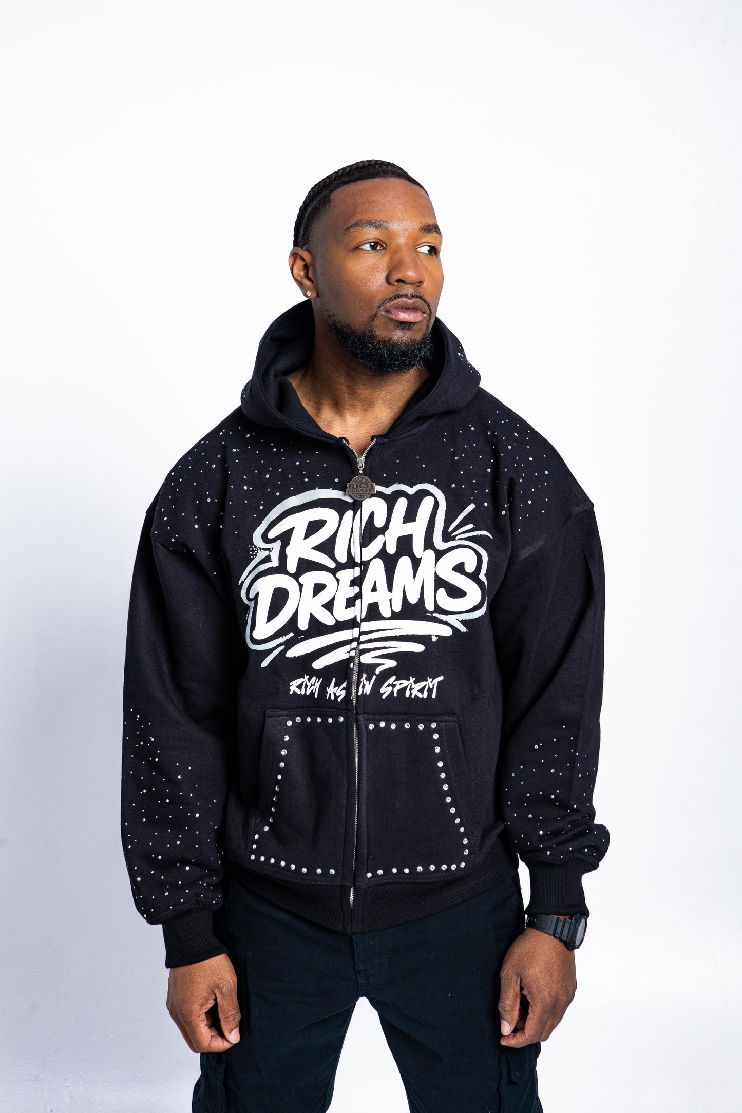 Model wearing Rich Dreams black rhinestone hoodie
